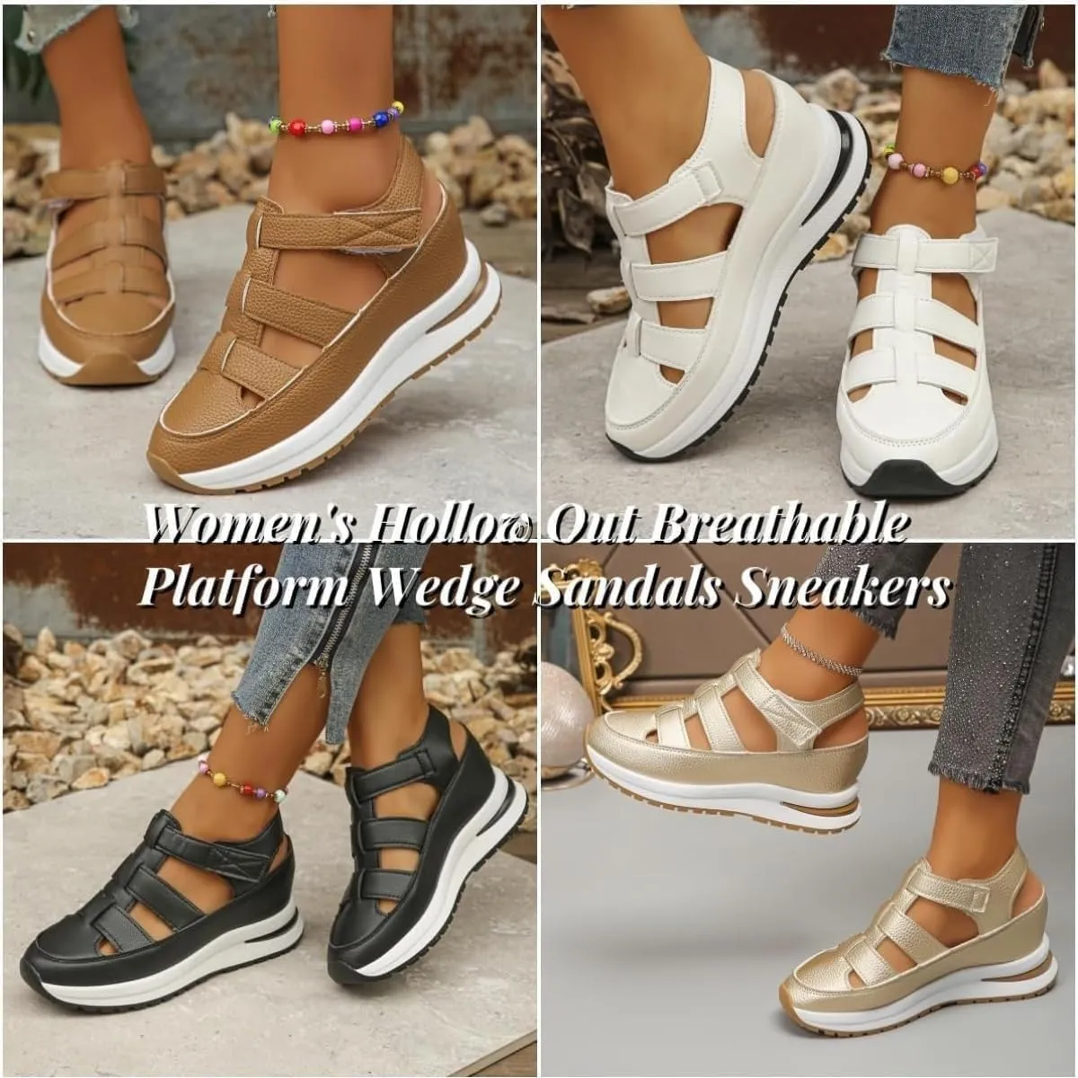 Women's Hollow Out Breathable Platform Wedge Sandals Sneakers, Womens Stylish Closed Toe Roman Sandal Adjustable Strap