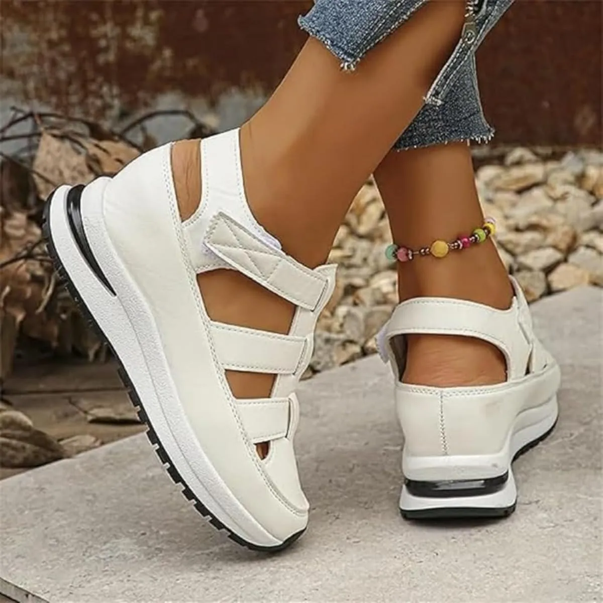 Women's Hollow Out Breathable Platform Wedge Sandals Sneakers, Womens Stylish Closed Toe Roman Sandal Adjustable Strap