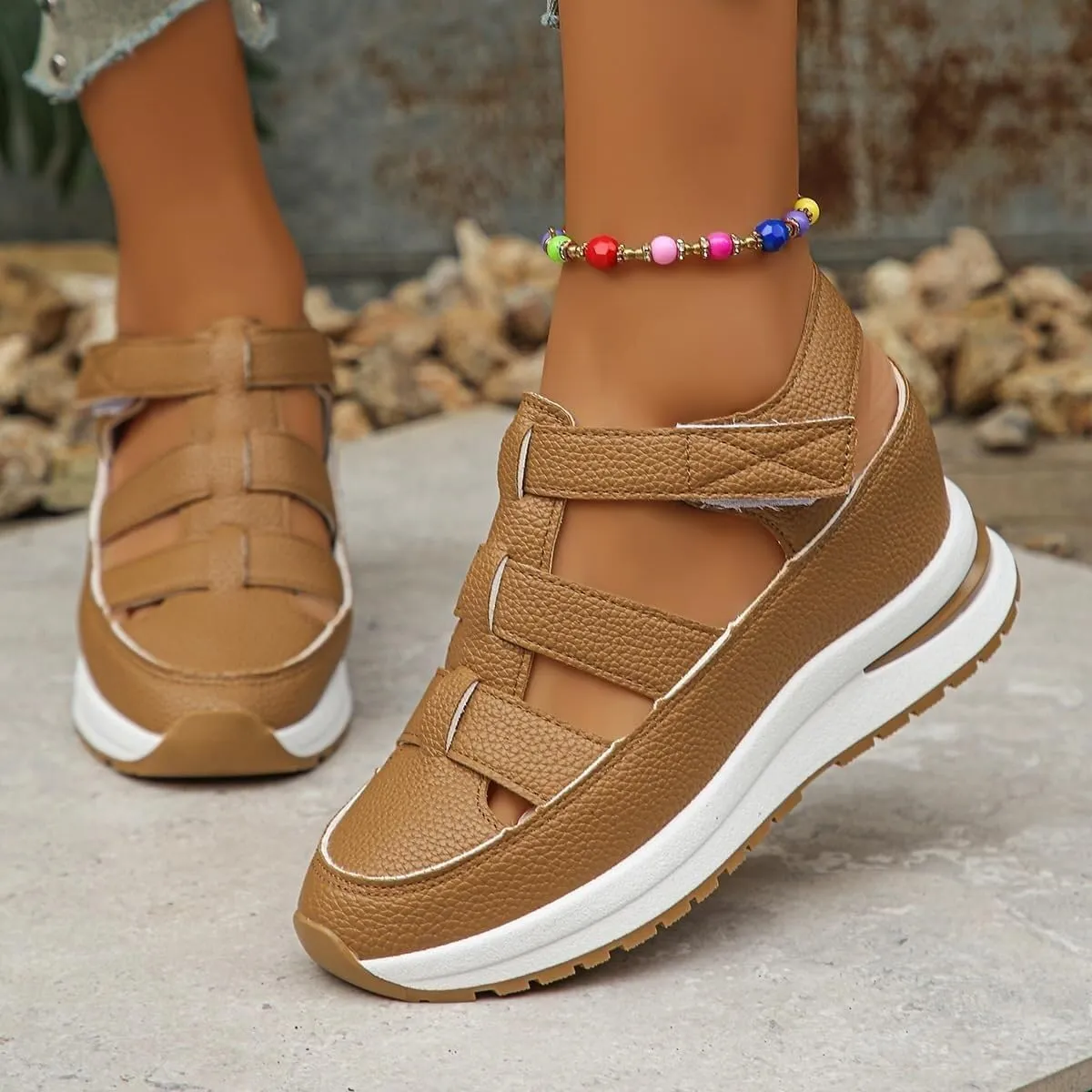 Women's Hollow Out Breathable Platform Wedge Sandals Sneakers, Womens Stylish Closed Toe Roman Sandal Adjustable Strap