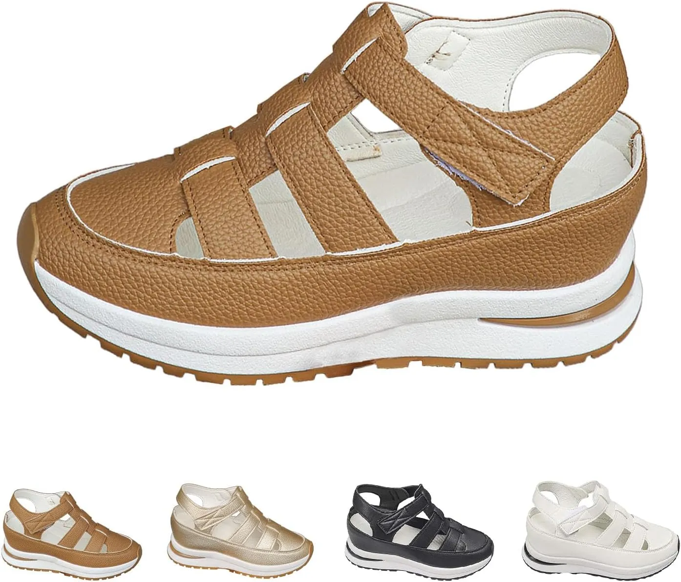Women's Hollow Out Breathable Platform Wedge Sandals Sneakers,2025Womens Stylish Casual Closed Toe Sandal Adjustable Strap,Leather Comfortable Stylish Roman Sandals
