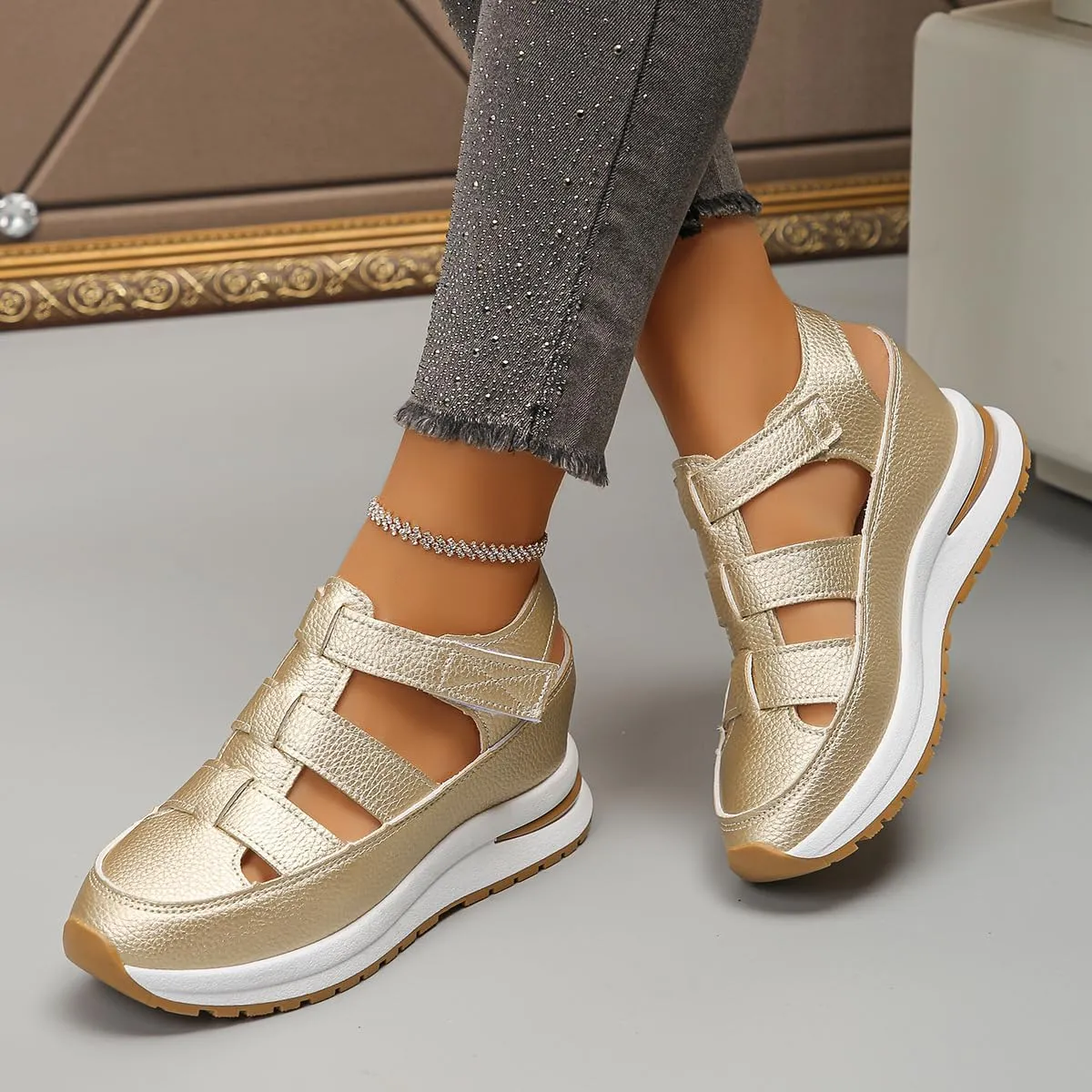 Women's Hollow Out Breathable Platform Wedge Sandals Sneakers,2025Womens Stylish Casual Closed Toe Sandal Adjustable Strap,Leather Comfortable Stylish Roman Sandals
