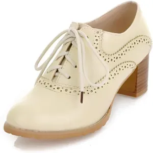 Women's Leather Vintage Oxfords Brogues Lace up Chunky Stacked Mid Heel Pumps Round Toe Dress Shoes