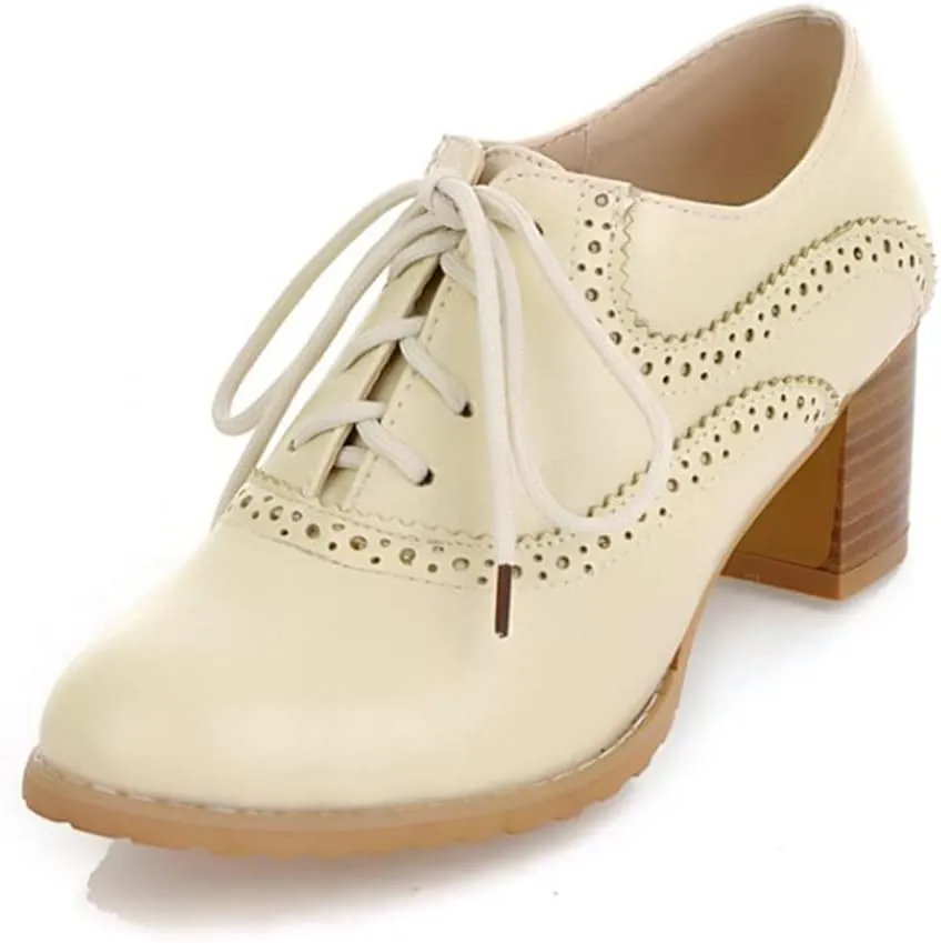 Women's Leather Vintage Oxfords Brogues Lace up Chunky Stacked Mid Heel Pumps Round Toe Dress Shoes
