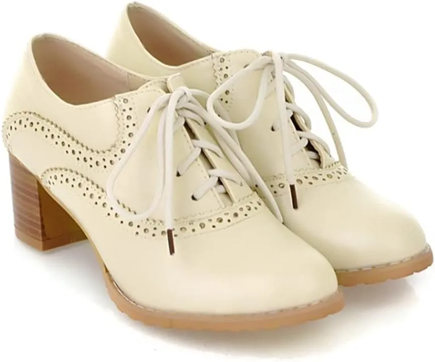 Women's Leather Vintage Oxfords Brogues Lace up Chunky Stacked Mid Heel Pumps Round Toe Dress Shoes