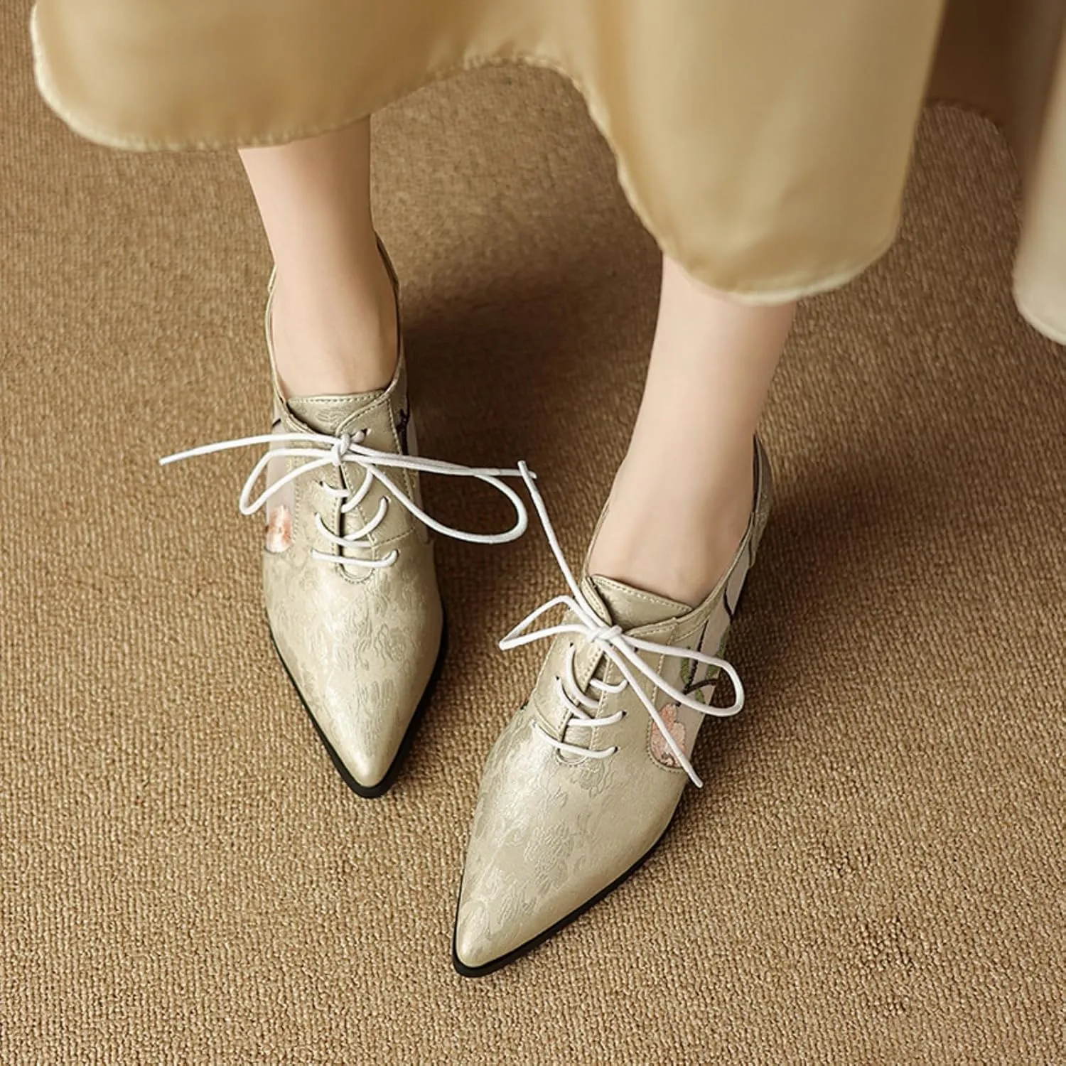 Women's Mesh Breathable Lace Oxfords Shoes Fashion Pointed Toe Chunky Heel Block Brogues Casual Evening Party Prom Dress Pumps