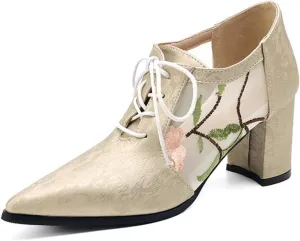 Women's Mesh Breathable Lace Oxfords Shoes Fashion Pointed Toe Chunky Heel Block Brogues Casual Evening Party Prom Dress Pumps