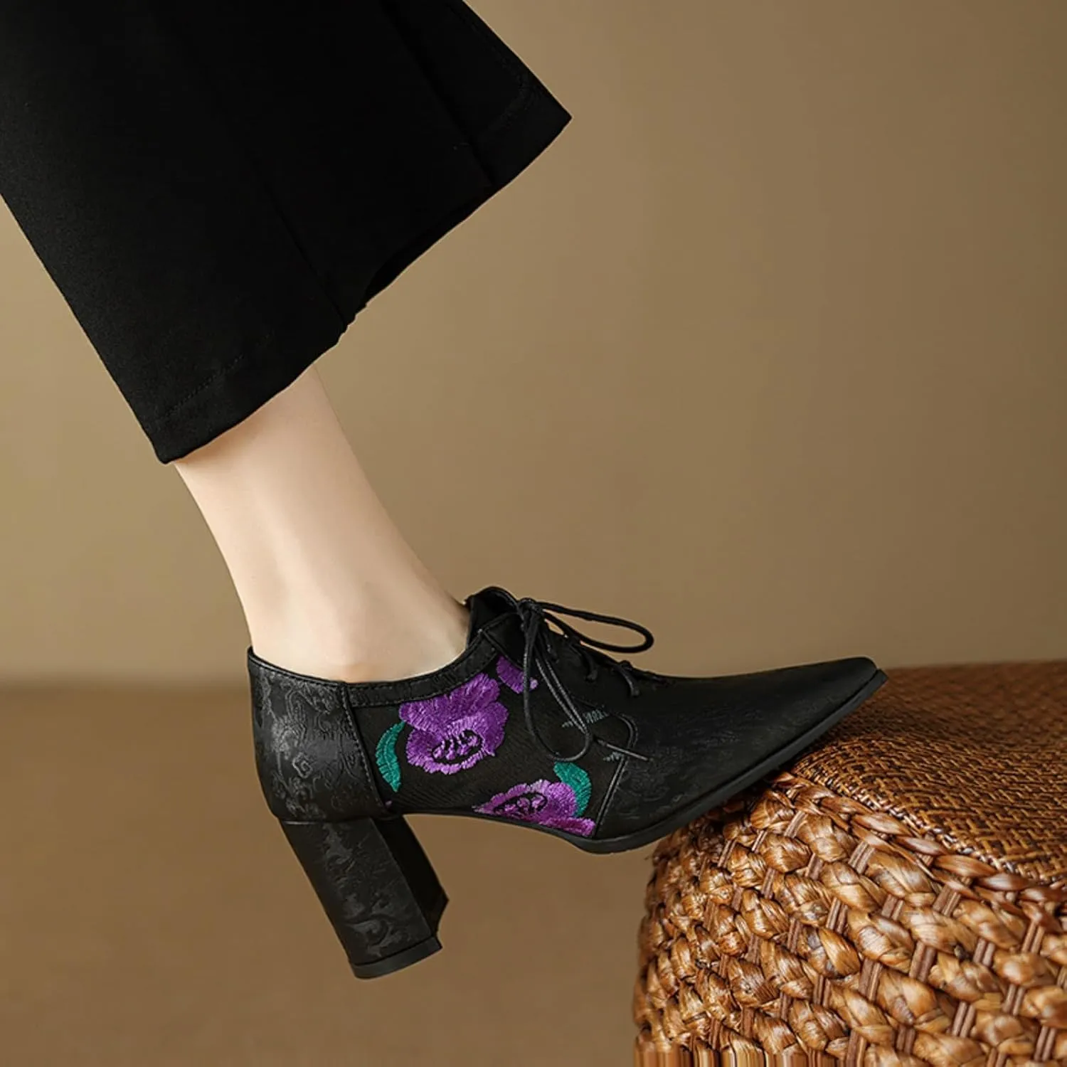 Women's Mesh Breathable Lace Oxfords Shoes Fashion Pointed Toe Chunky Heel Block Brogues Casual Evening Party Prom Dress Pumps