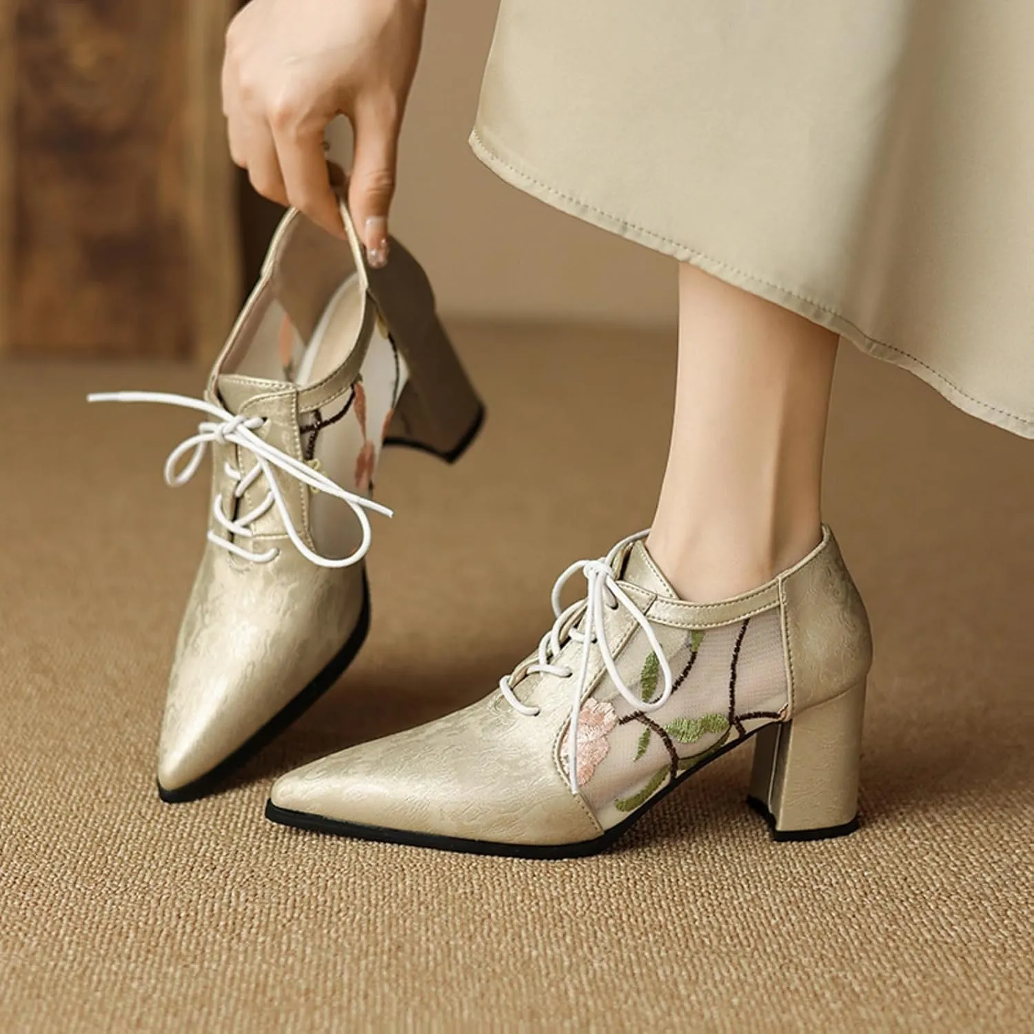 Women's Mesh Breathable Lace Oxfords Shoes Fashion Pointed Toe Chunky Heel Block Brogues Casual Evening Party Prom Dress Pumps