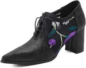 Women's Mesh Breathable Lace Oxfords Shoes Fashion Pointed Toe Chunky Heel Block Brogues Casual Evening Party Prom Dress Pumps