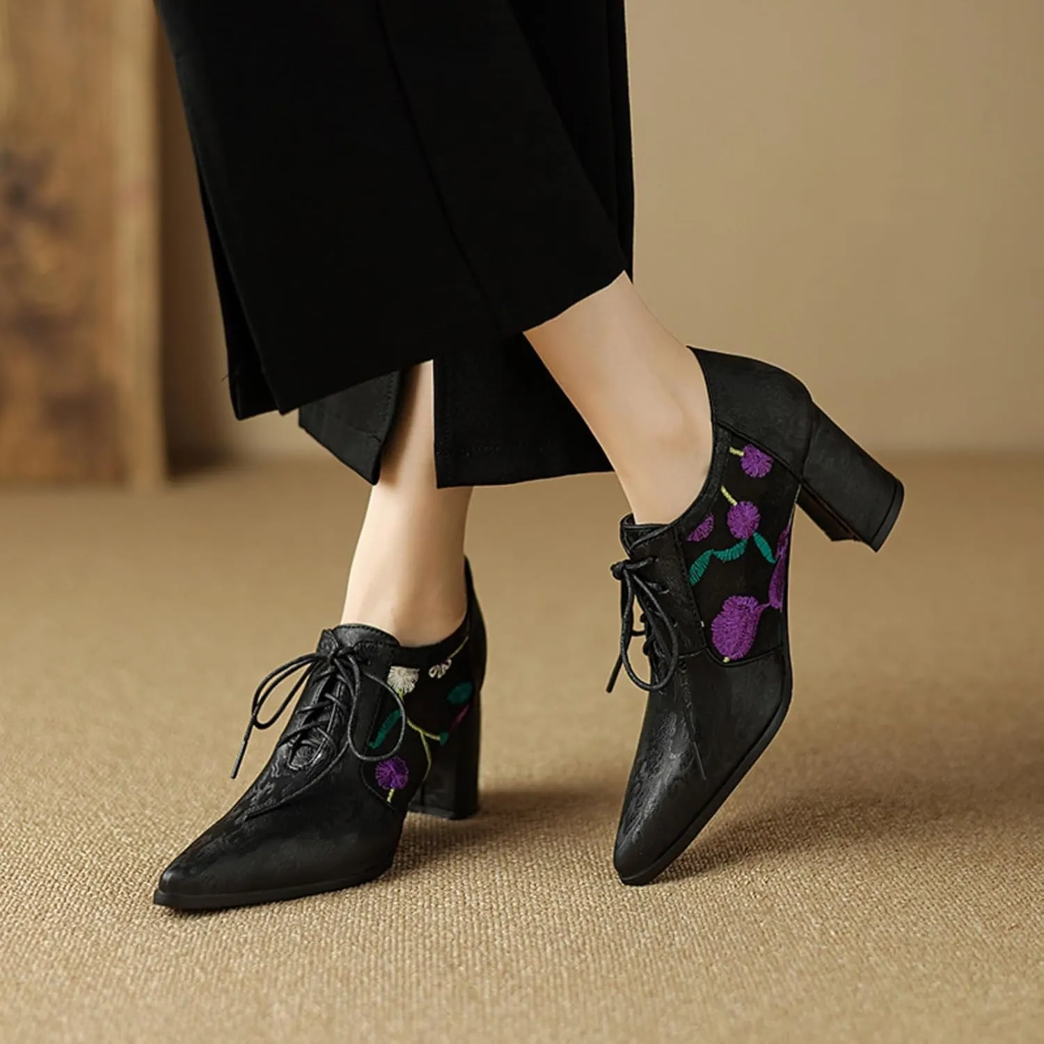 Women's Mesh Breathable Lace Oxfords Shoes Fashion Pointed Toe Chunky Heel Block Brogues Casual Evening Party Prom Dress Pumps