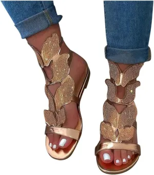 Women's Open Toe Sandals Summer Retro Bohemian Gladiator Roman Party Dress Sandals Rhinestone Hollow Flat Sandals