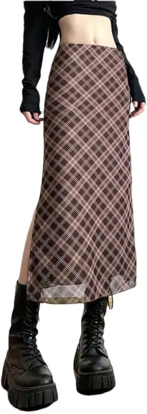 Women's Plaid Print Hip Skirt, Slim Pencil Preppy Style Slit Midi Skirt
