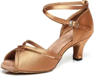 Women's Stylish Peep Toe Satin Ballroom Tango Party Wedding Prom Professional Dance Shoes Bronze US 7