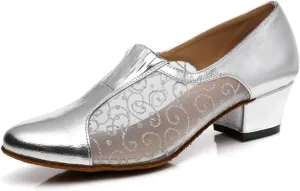Women's Stylish Round Toe Synthetic Ballroom Morden Tango Party Wedding Professional Dance Shoes Silver US 7