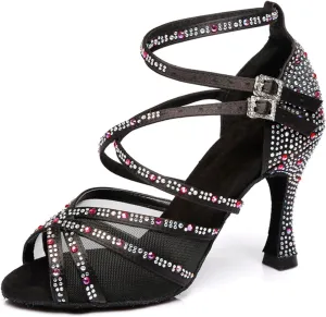 Women's Stylish Sparkle Rhinestones Peep Toe Satin Ballroom Jazz Party Wedding Practice Dance Shoes Black US 7.5