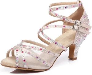 Women's Stylish Sparkle Rhinestones Peep Toe Satin Ballroom Jazz Party Wedding Practice Dance Shoes Nude US 6
