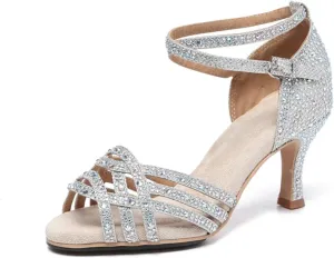 Women's Stylish Sparkle Rhinestones Peep Toe Satin Ballroom Latin Party Wedding Professional Dance Shoes Silver US 10