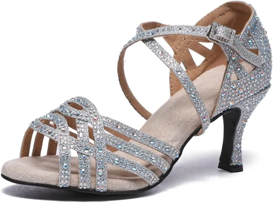 Women's Stylish Sparkle Rhinestones Peep Toe Satin Ballroom Modern Party Wedding Professional Dance Shoes Silver US 9.5