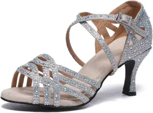 Women's Stylish Sparkle Rhinestones Peep Toe Satin Ballroom Modern Party Wedding Professional Dance Shoes Silver US 9.5