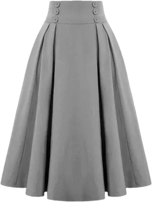 Women's Vintage Casual Long A-Line High Waist Skirt Double Breasted Large Swing Pleated Skirt