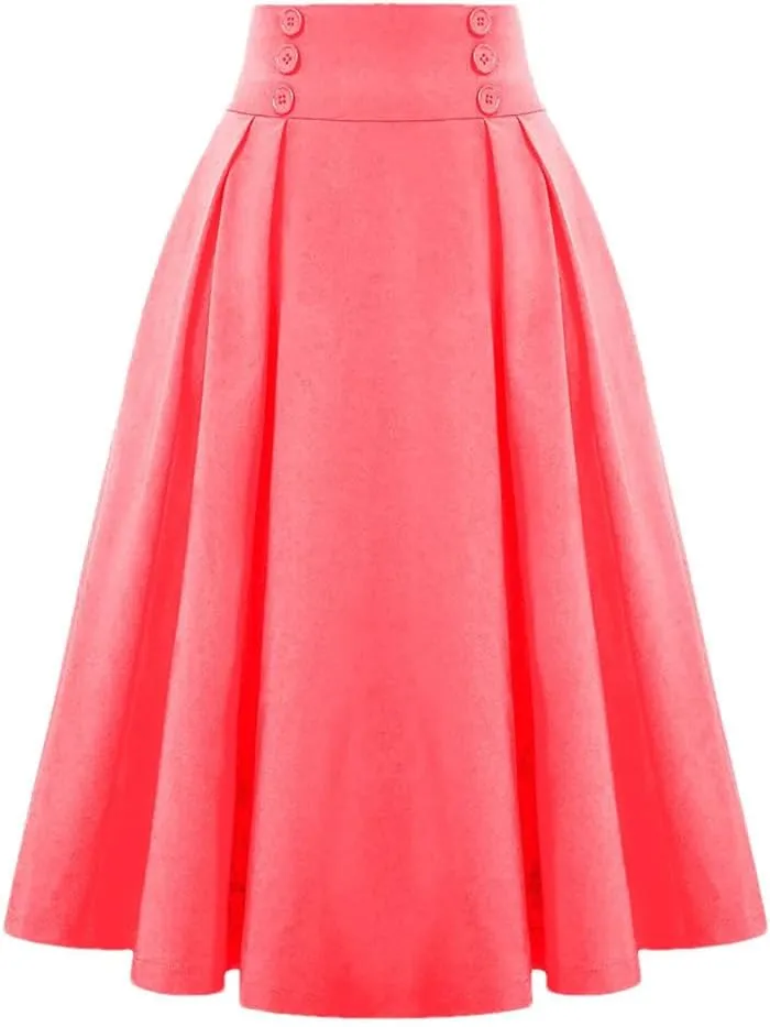 Women's Vintage Casual Long A-Line High Waist Skirt Double Breasted Large Swing Pleated Skirt