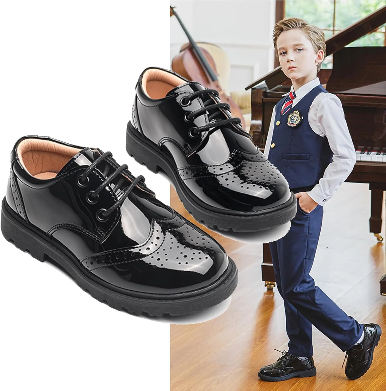 WUIWUIYU Toddlers Boys Ring Bearer Wedding Homecoming Prom Concert Black Oxfords Flats Brogues School Uniform Dress Shoes