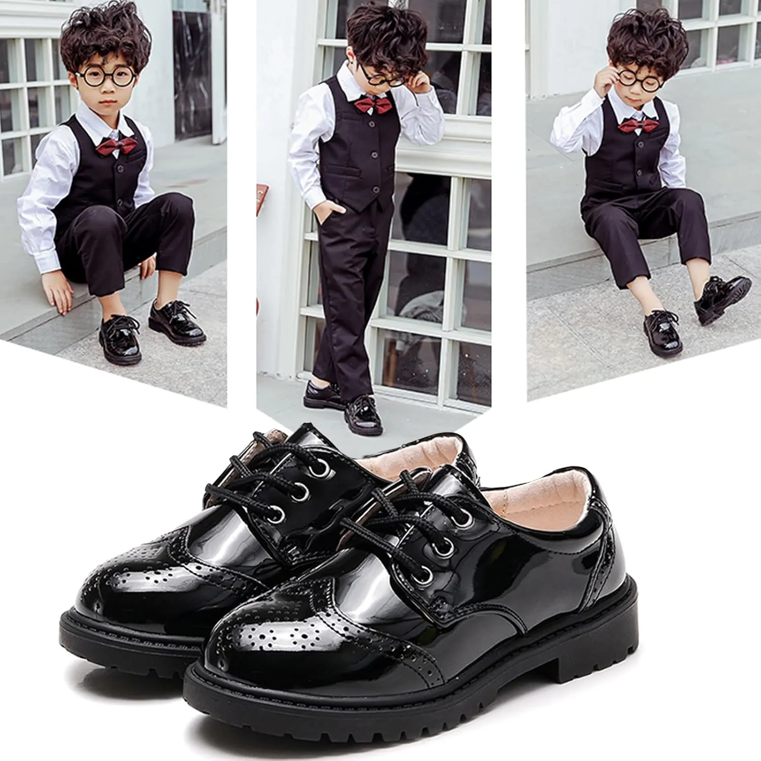 WUIWUIYU Toddlers Boys Ring Bearer Wedding Homecoming Prom Concert Black Oxfords Flats Brogues School Uniform Dress Shoes